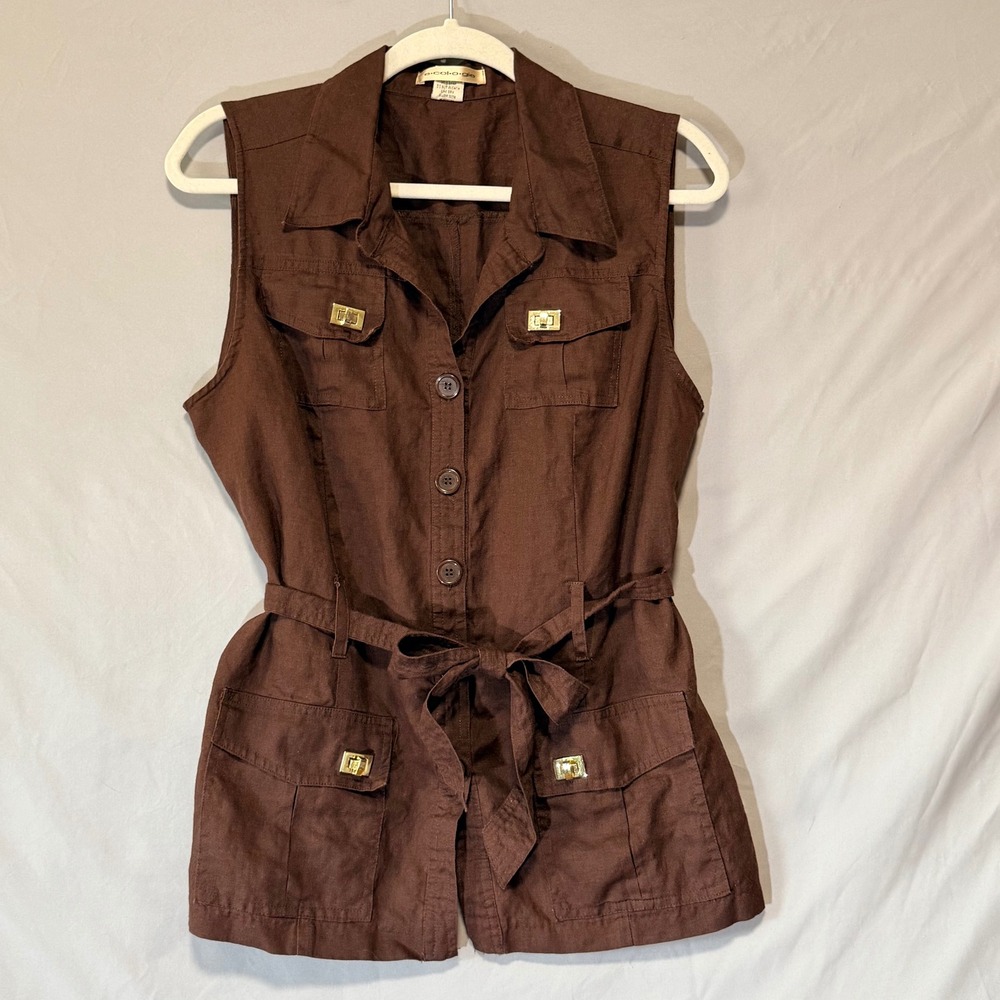 e.col.o.gie 100% Linen Utility Vest Chocolate Brown Safari Boho Lagenlook Size L